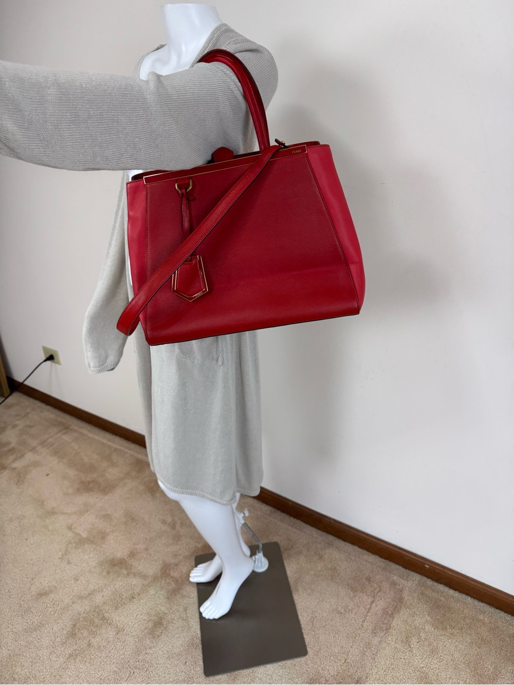 Fendi 2Jours Elite Vitello Leather Tote Bag Rosso Fiamma Red Medium - Picture 6 of 17